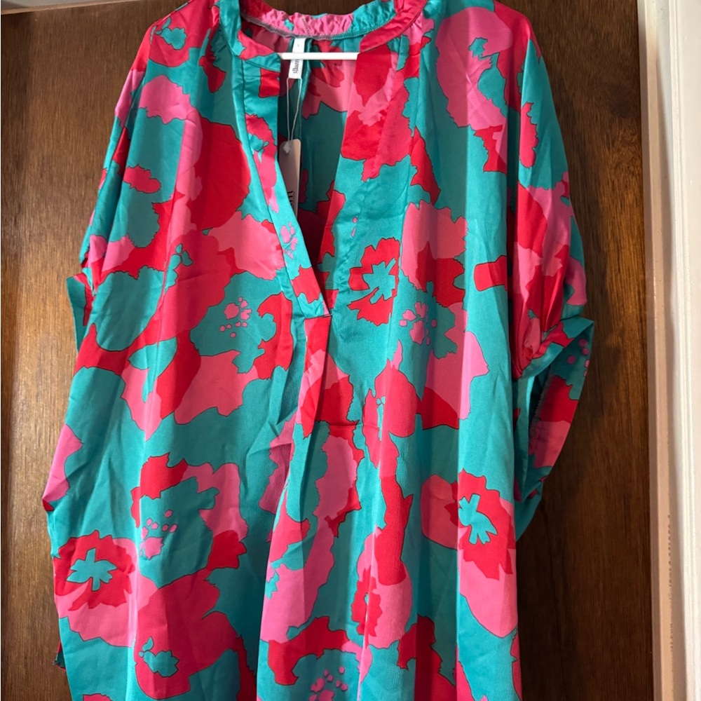 Glam Red and Pink Boxy Blouse with Mandarin Collar